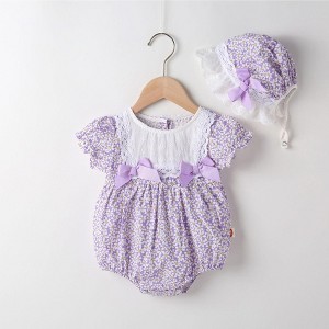 MyKids-USA Baby Girl Floral Pattern Lace Patchwork Round Collar Short-Sleeved Colorful Cotton Onesies With Hat - 1 of 4