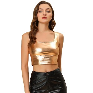 INSPIRE CHIC Women's U Neck Sleeveless Party Clubwear Shiny Metallic Crop Tank Tops - 1 of 4
