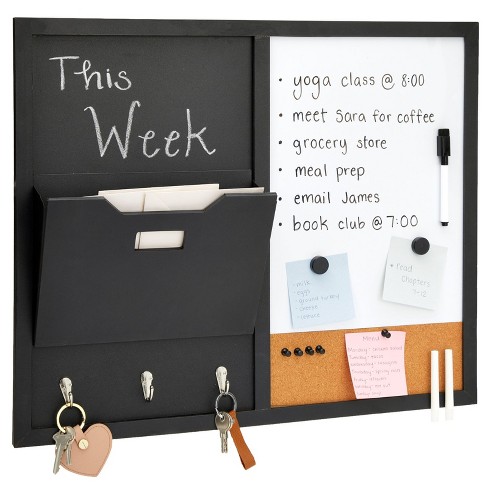 Wood Note Board Entryway Organizer With Chalkboard & Corkboard