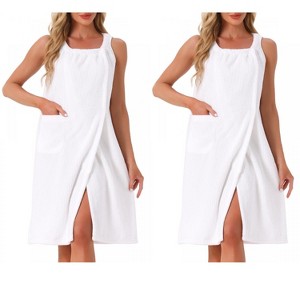INSPIRE CHIC Women's 2 Pcs Shower Wrap Wearable Button Bath Towel Robe Sleeveless Snap Dress with Pockets - 1 of 4