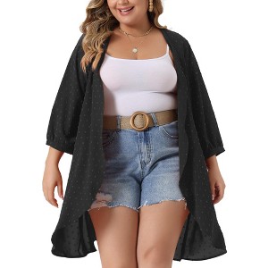 Agnes Orinda Women's Plus Size Open Front 3/4 Sleeve Swiss Dots Lightweight Flowy Casual Cardigan - 1 of 4