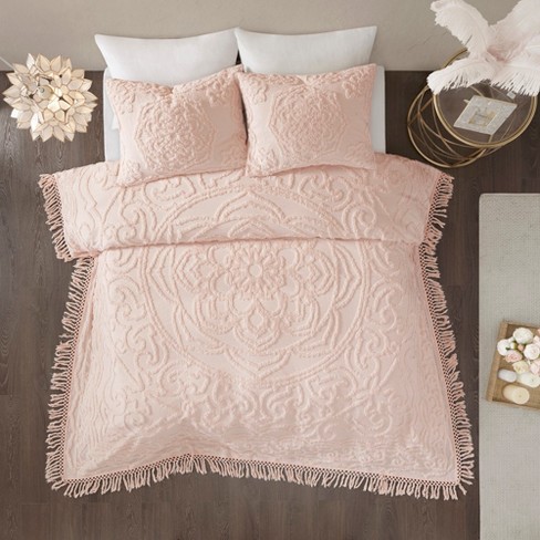 3pc Full Queen Cecily Cotton Medallion Fringe Coverlet Set Blush