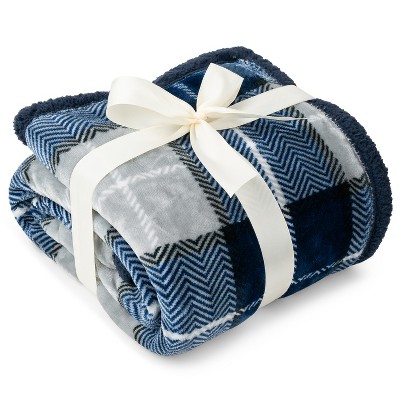 Navy Plaid Reversible Sherpa Fleece Throw Blanket