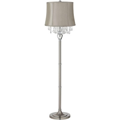 360 Lighting Chandelier Floor Lamp Satin Steel Chrome Crystals Gray Fabric Drum Shade for Living Room Reading Bedroom Office