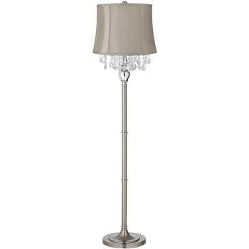 360 Lighting Chandelier Floor Lamp 62.5" Tall Satin Steel Chrome Crystals Gray Fabric Drum Shade for Living Room Reading Bedroom Office