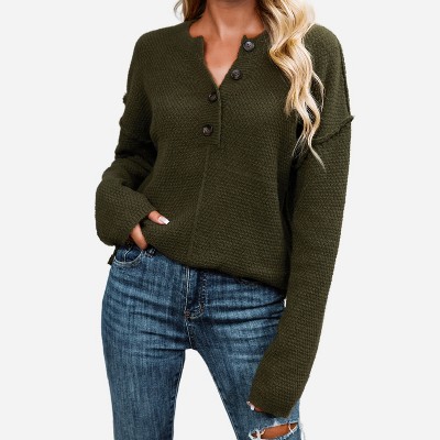 Women's Textured Half-Button Drop Shoulder Sweater -Cupshe-S-Green