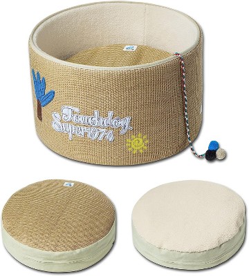 Touchcat Beige Round Wool Cat Bed with Teaser Toy