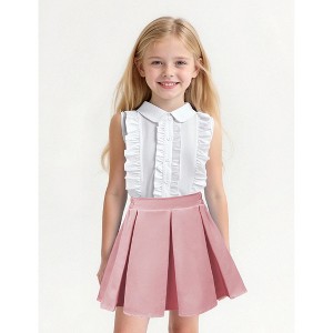 Girl's Two Piece Cute Spring Summer Outfits Sleeveless Button Down Collar Tops Ruffle Shirt and Pleated Mini Skirt Set 4-13 Years - 1 of 4