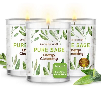 Magnificent 101 Set of 3 Long Lasting Pure Sage Smudge Candles | 42 Hour Burn - 3.5 Oz Each | Made of Soy Wax Candle for House