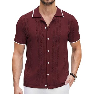 COOFANDY Men's Knit Button Down Shirt Vintage Short Sleeve Polo Shirts Casual Beach Tops - 1 of 4