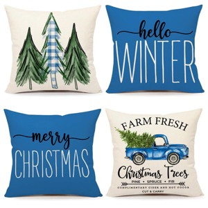 Blue Christmas Pillow Covers 18x18 Set of 4 Farmhouse Xmas Decorations Merry Christmas Tree Truck Hello Winter - 1 of 3