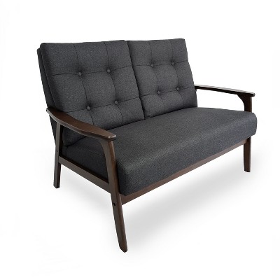 Mid-Century Black Tufted Fabric Loveseat with Walnut Wood Frame