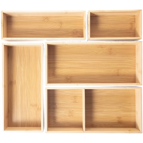 Luminuxe Bamboo Drawer Organizer Set, 5 Piece Non-Slip Versatile Storage Trays for Kitchen Utensils, Bathroom Essentials, Makeup & Jewelry Drawer Organizer Set