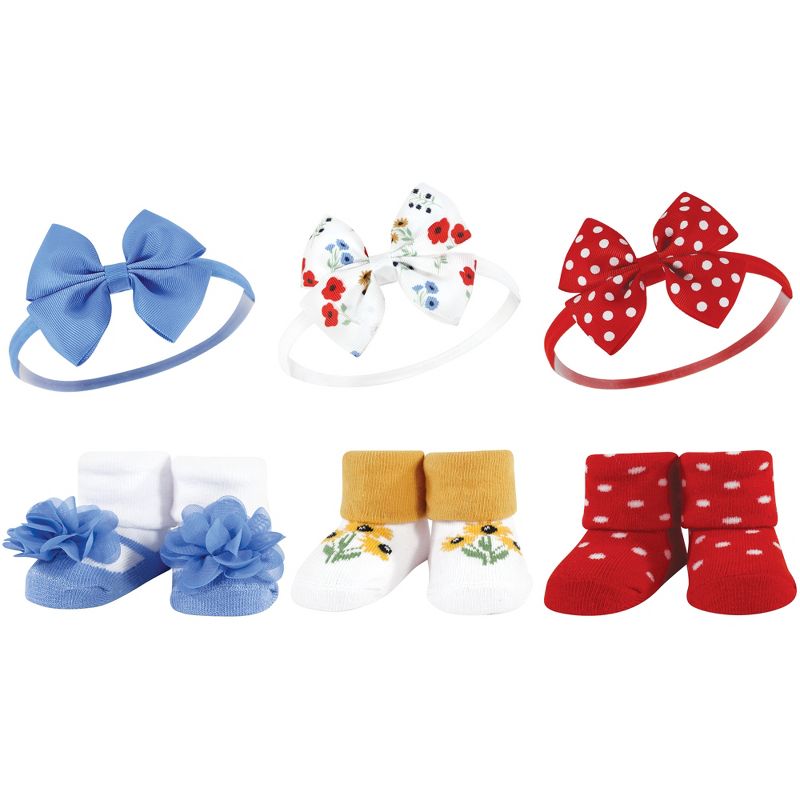 Hudson Baby Infant Girl 12Pc Headband and Socks Giftset, Wildflower Red Blue, One Size, 2 of 4