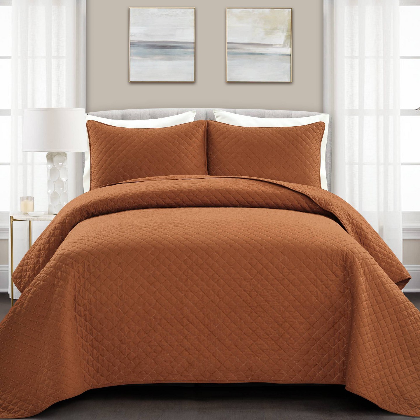 Постельное бельё Lush Decor 3pc Full/Queen Size Ava Diamond Cotton Quilt Bedding Set Pure White: Luxurious Comforter with Shams, Oeko-Tex Certified — фото 1
