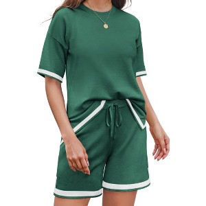 Ekouaer Womens Knit Lounge Set 2 Piece Sweater Sets Short Sleeve Sweatsuit Pullover Tops - 1 of 4