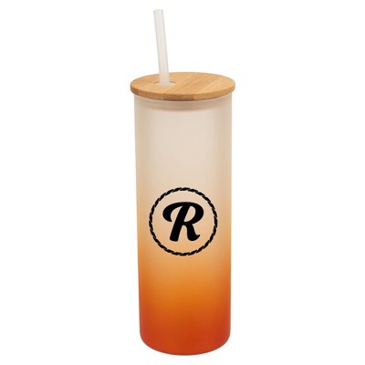 Elanze Designs R Monogram Letter Initial Rope Circle Wrap-Around Design 25 Ounce Frosted Gradient Glass On-The-Go Coffee Travel Skinny Tumbler Mug