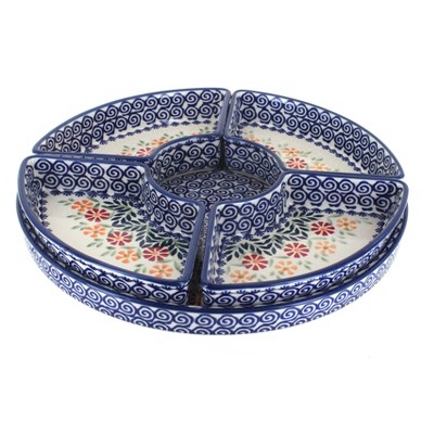 Blue Rose Polish Pottery Garden Bouquet Tray with 4 Plates