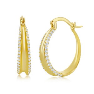 Bella Silver Sterling Silver, Double Row CZ Hoop Earrings - Gold Plated - Gold - 1 of 2
