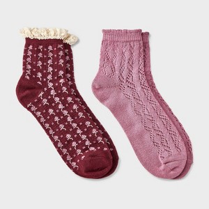 Women's Floral Lace and Pointelle 2pk Ankle Socks - Auden™ Berry/Pink 4-10 - 1 of 3