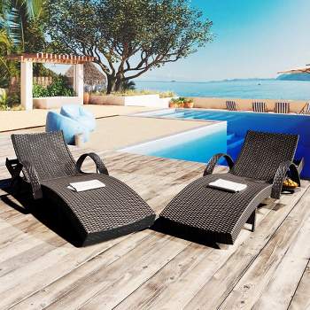 80'' Outdoor Wicker Chaise Lounge Chairs Set of 2, Patio Rattan Reclining Chair Pull-out Side Table Adjustable Backrest Ergonomic Wave Design