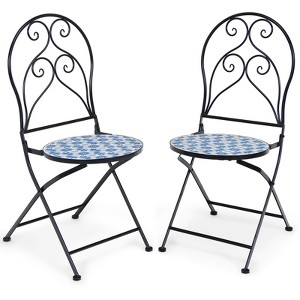 Tangkula 2PCS Outdoor Mosaic Folding Bistro Chairs Patio Chairs with Ceramic Tiles Seat and Exquisite Floral Pattern Blue Seat - 1 of 4