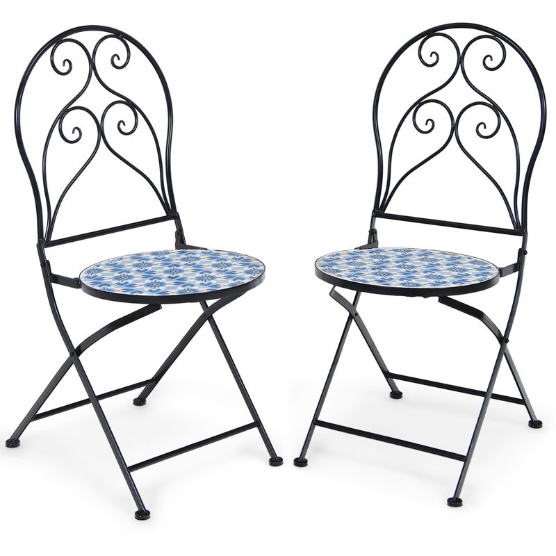Tangkula 2PCS Outdoor Mosaic Folding Bistro Chairs Patio Chairs with Ceramic Tiles Seat and Exquisite Floral Pattern Blue Seat, 1 of 8