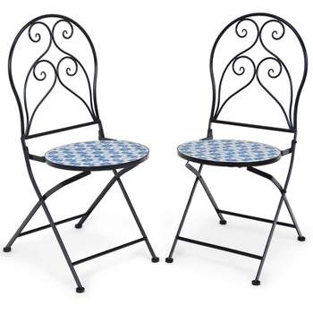 Tangkula 2PCS Outdoor Mosaic Folding Bistro Chairs Patio Chairs with Ceramic Tiles Seat and Exquisite Floral Pattern Blue Seat