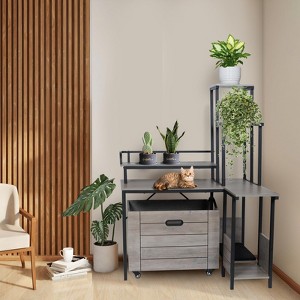 Hidden Cat Litter Box Enclosure Furniture Wood Corner Plant Stand with Flower Stand - 1 of 4