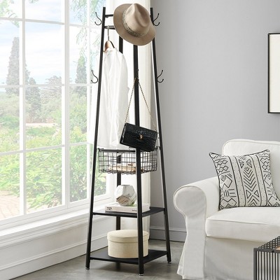 VECELO Freestanding Industrial Coat Rack with Metal Basket, 2 Shelves & 8 Dual Hooks – Entryway Hall Tree for Hats, Bags, and Scarves
