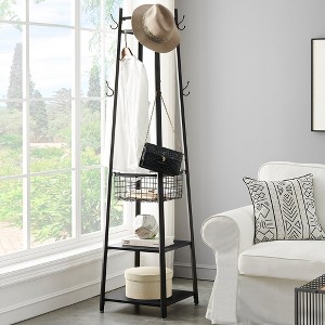 VECELO Freestanding Industrial Coat Rack with Metal Basket, 2 Shelves & 8 Dual Hooks – Entryway Hall Tree for Hats, Bags, and Scarves - 1 of 4