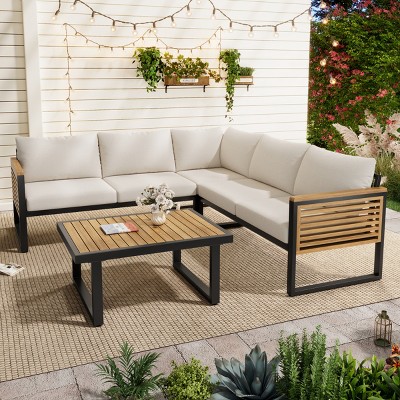 4-Piece Outdoor Acacia Wood Patio Sofa Set with Cushions, Waterproof Metal Frame Corner Sectional Seating for Garden or Balcony Use-Cuddlewood