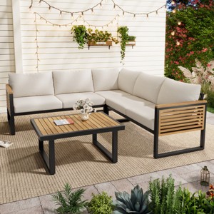 4-Piece Outdoor Acacia Wood Patio Sofa Set with Cushions, Waterproof Metal Frame Corner Sectional Seating for Garden or Balcony Use-Cuddlewood - 1 of 4