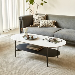 2-Tier Sintered Stone Coffee Table,47'' Modern Oval Center Table with Black Metal Frame for Living Room-Baofuwish - 1 of 4