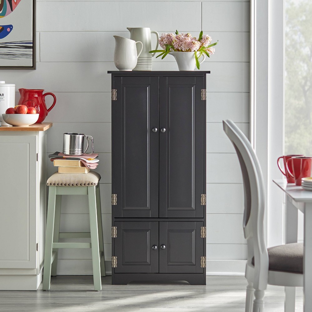Buylateral Tall 4 Door Pantry Storage Cabinet Black: Nautical Style, 4-Door Laminated MDF, Adjustable Shelves