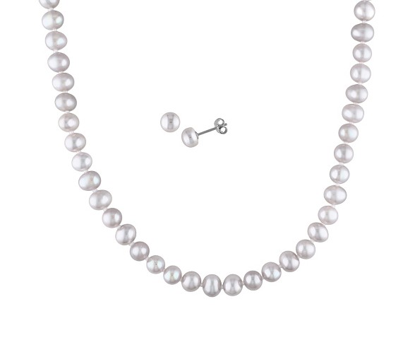 Freshwater Cultured Pearl Stud Earrings Set and 7-8mm Freshwater Cultured White Pearl Necklace - White