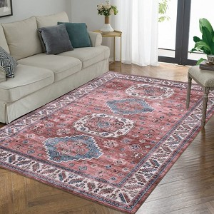 Washable Non Slip Low Pile Area Rug for Living Room Vintage Floral Indoor Carpet Stain Resistant Foldable Floor Cover - 1 of 4