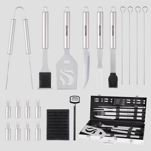 Home-Complete BBQ Grill Tool Set- Stainless Steel Barbecue Grilling Accessories with 7 Utensils and Carrying Case, Includes Spatula, Tongs, Knife