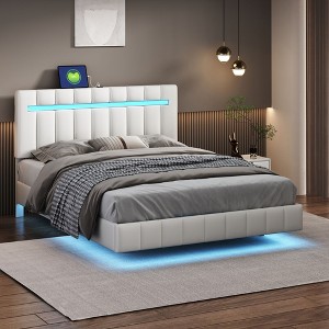 NicBex Full/Queen Floating Bed Frame with Headboard,Modern Upholstered Platform Bed Frame with LED Lights and USB,Wood Slats Support,No-Noise - 1 of 4