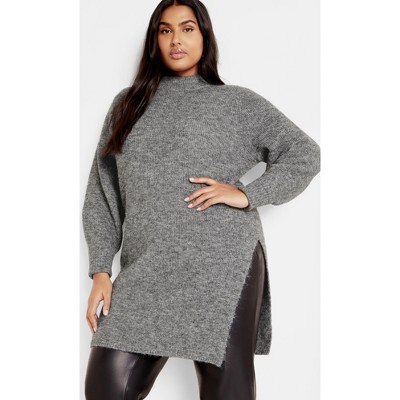 Women's Plus Size Longline Split Sweater - grey marle | CITY CHIC