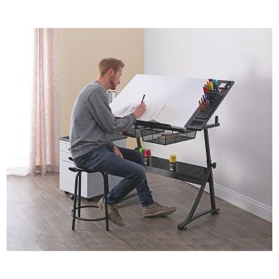 Adjustable White Metal Drafting Table with Storage Drawers