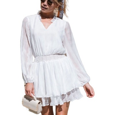 Amaryllis Women's Long-Sleeve V-Neck Smocked Waist Mini Dress with Ruffled Hem for Elegant Style