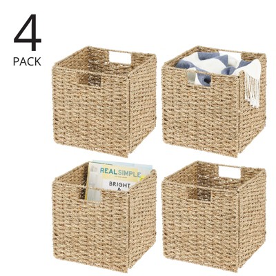 Seagrass Woven Square Storage Bin with Handles - Natural Off-White