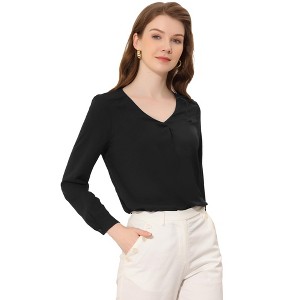 Allegra K Women's Chiffon V Neck Long Sleeve Work Blouse - 1 of 4