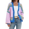 Imily Bela Womens Button Up Striped Cardigan Oversized V Neck Puff Sleeve Color Block Knit Coat - 3 of 4