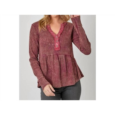 Women's Washed Thermal Peplum Henley Top - mystree
