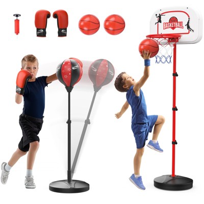 Skirfy 2 in 1 Kids Basketball Hoop and Punching Bag, Adjustable Stand with Boxing Gloves & 2 Balls,  Basketball Hoop and Boxing Bag Set Toy, Black