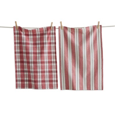 tag Red Stripe & Plaid Dishtowel Set of 2 Red Multi Kitchen Towel Cotton Machine Washable, 18 x 27 inch