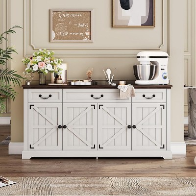 65" Large Buffet Storage Cabinet, Farmhouse Kitchen Sideboard Buffet with 3 Drawers and 4 Doors, Coffee Wine Bar Cabinet with Storage, Walnut