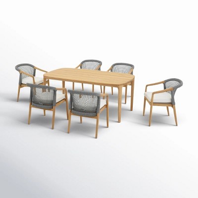 Linear Planked Wood 6 Piece Outdoor Dining Set Textured Weave Back Armchairs & Rectangular Table Ensemble